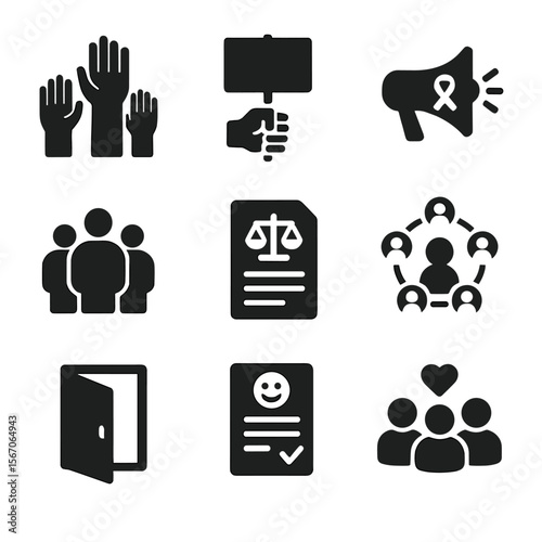 Advocacy Icons Grid. Solid, filled icon set of social support and advocacy: raised hands, protest sign, awareness megaphone,