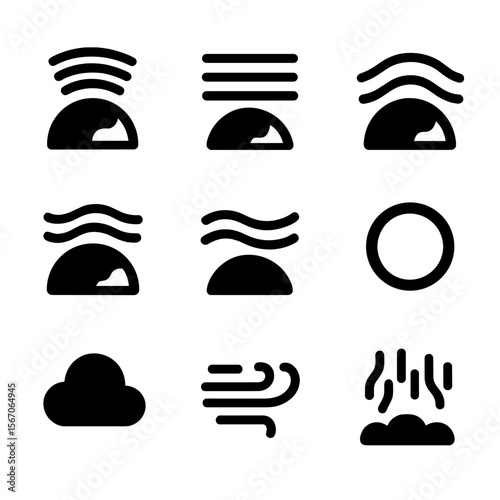 Atmosphere Layer Icons. Solid, filled icon set of atmosphere layers: troposphere, stratosphere, mesosphere, thermosphere,