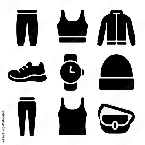 Athleisure Outfits Icons. Solid, filled icon set of casual athleisure outfits: joggers, crop top, zip-up jacket, sneakers, sports