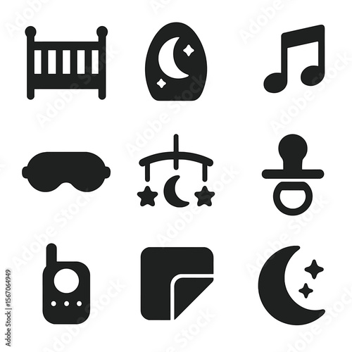 Baby Sleep Icons. Solid, filled icon set of baby sleep: crib, nightlight, lullaby music, sleep mask, mobile, pacifier, baby