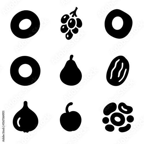 Agricultural and Dried Fruit Icons. Solid, filled icon set of agricultural machinery in barley fields: combine harvester, tractor,