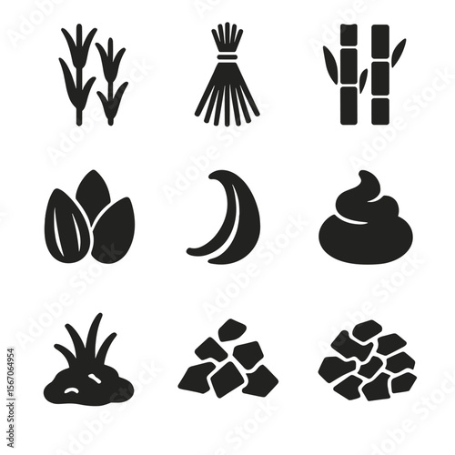 Agricultural Waste Icons. Solid, filled icon set of agricultural waste types: corn stalks, wheat straw, rice husk, sugarcane