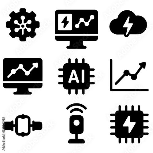 AI Energy Icon Grid. Solid, filled icons set of AI-driven energy startups: smart algorithm, AI dashboard,