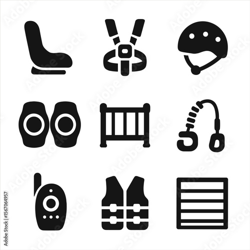 Baby Safety Icons. Solid, filled icon set of baby safety tools: car seat, safety harness, helmet, soft knee pads, playpen, wrist