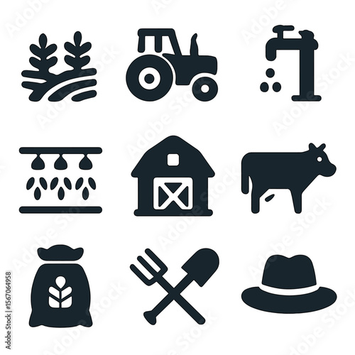 Agriculture Icon Set. Solid, filled icons set of agriculture and rural economy: crop field, tractor, water