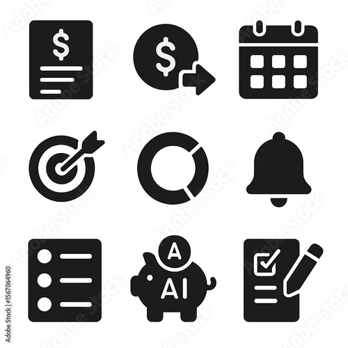 AI Budgeting Icons Grid. Solid, filled icons set of AI-powered budgeting assistants: income sheet, expense