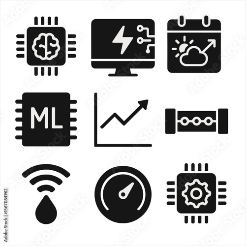AI Energy Icon Grid. Solid, filled icons set of AI-driven energy startups: smart algorithm, AI dashboard,