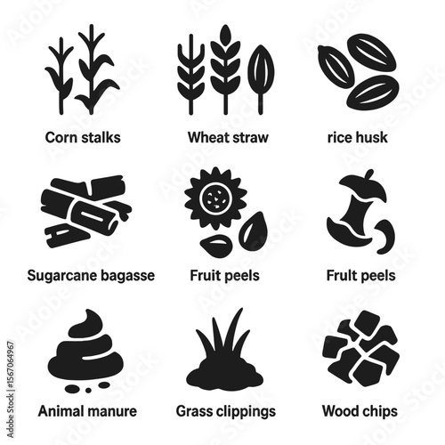 Agricultural Waste Icons. Solid, filled icon set of agricultural waste types: corn stalks, wheat straw, rice husk, sugarcane