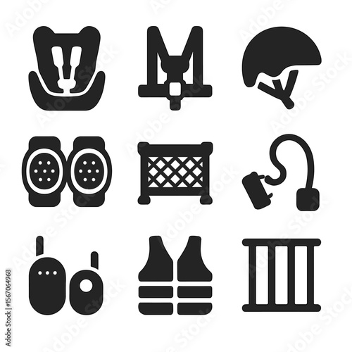 Baby Safety Icons. Solid, filled icon set of baby safety tools: car seat, safety harness, helmet, soft knee pads, playpen, wrist