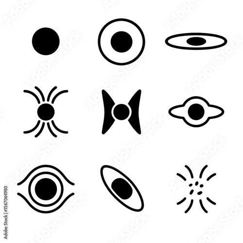 Black Hole Anatomy Icons. Solid, filled icon set of Black hole anatomy: singularity core, event horizon, accretion disk, magnetic