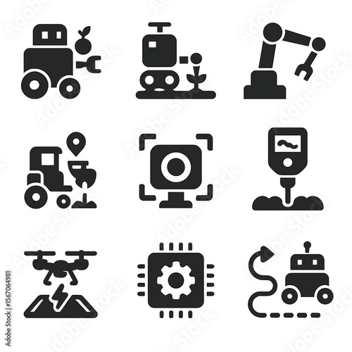 Agricultural Robotics Icons. Solid, filled icons set of agricultural robotics: harvesting robot, planting bot,