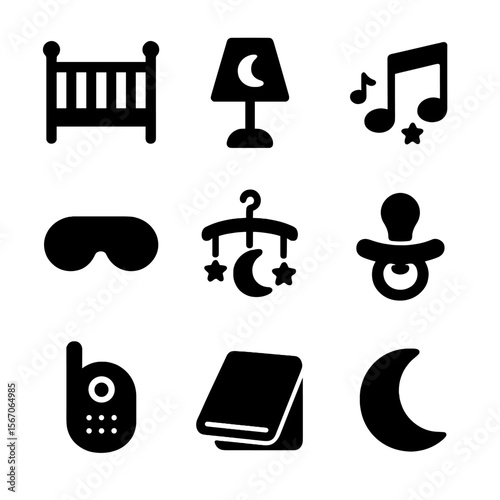 Baby Sleep Icons. Solid, filled icon set of baby sleep: crib, nightlight, lullaby music, sleep mask, mobile, pacifier, baby