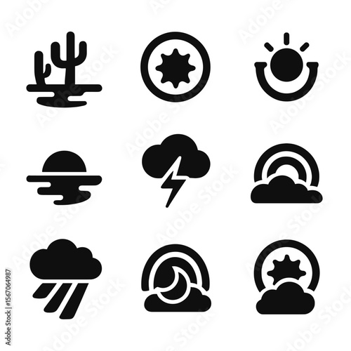 Atmospheric Phenomena Icons. Solid, filled icon set of atmospheric phenomena and optics: mirage, halo, sundog, green flash,