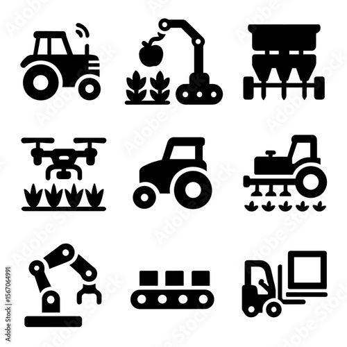 Agricultural Robotics Icons. Solid, filled icons set of agricultural robotics and automation: autonomous
