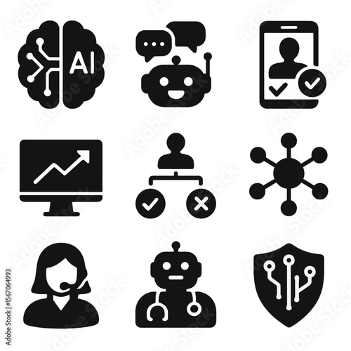 AI Healthcare Icons. Solid, filled icons set of AI in healthcare: AI brain, chatbot icon, symptom checker,