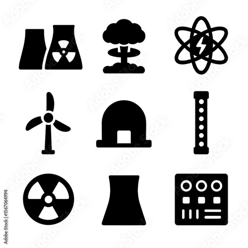 Atomic Energy Icons. Solid, filled icon set of atomic energy: nuclear plant, energy release, atom lightning, turbine icon,
