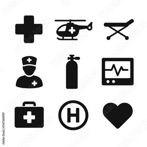 Air Ambulance Icons. Solid, filled icons set of air ambulance services: red cross icon, medical chopper,