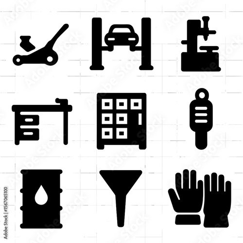 Auto and Craft Icons. Solid, filled icon set of auto shop and garage tools: floor jack, lift ramp, tire changer, workbench, parts