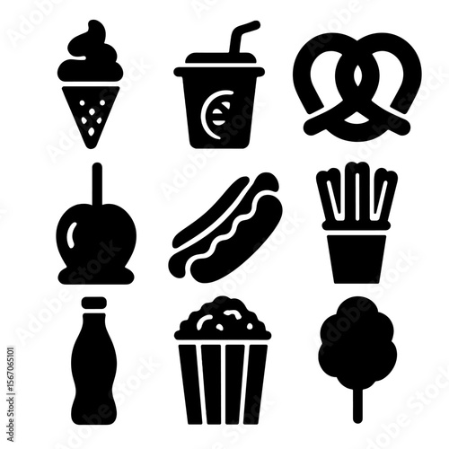 Amusement Park Snacks. Solid, filled icons set of amusement park snacks: ice cream cone, lemonade cup, pretzel