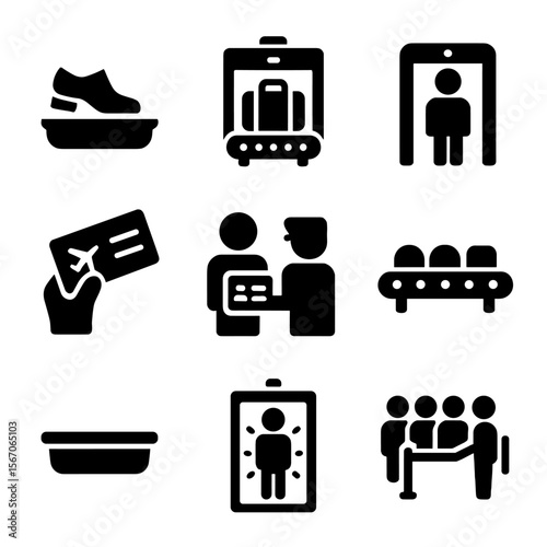 Airport Security Icons. Solid, filled icon set of airport security process: shoe removal, bag scan, metal detector, boarding pass,