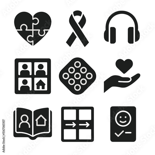 Autism Acceptance Icons. Solid, filled icon set of autism acceptance: puzzle heart, support ribbon, sensory headphones,