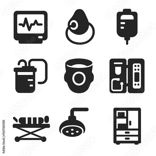 Ambulance Equipment Icons. Solid, filled icons set of ambulance interior equipment: vital signs monitor,
