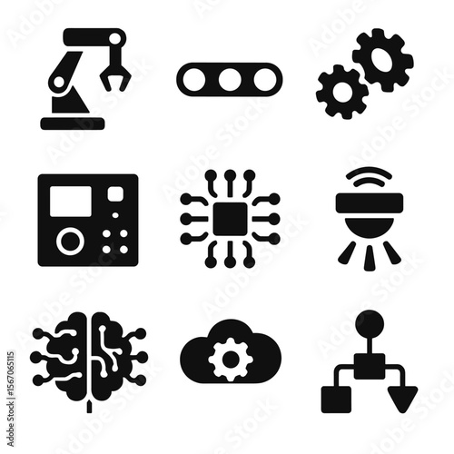 Automation Icon Set. Solid, filled icon set of automation technology: robotic arm, conveyor belt, gear mechanism, control panel,
