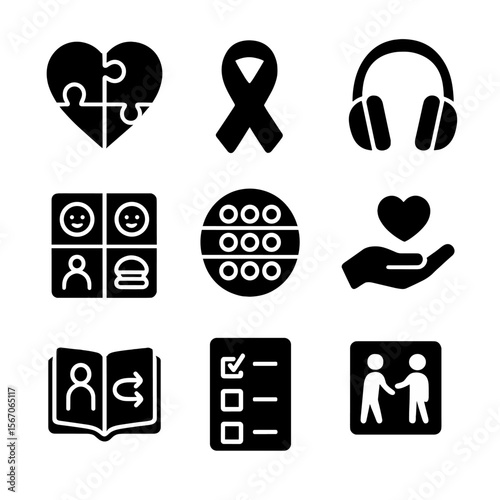 Autism Acceptance Icons. Solid, filled icon set of autism acceptance: puzzle heart, support ribbon, sensory headphones,