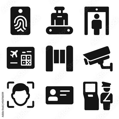 Airport Security Icons. Solid, filled icon set of airport security and tech: biometric scanner, baggage scanner, metal detector,