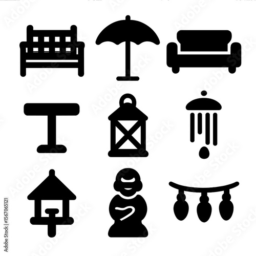 Backyard Furniture Icons. Solid, filled icon set of backyard furniture and decor: garden bench, patio umbrella, outdoor sofa, side