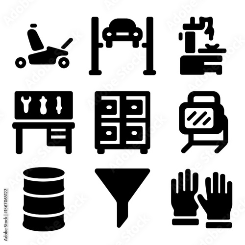 Auto and Craft Icons. Solid, filled icon set of auto shop and garage tools: floor jack, lift ramp, tire changer, workbench, parts