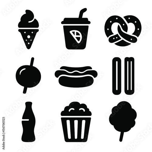 Amusement Park Snacks. Solid, filled icons set of amusement park snacks: ice cream cone, lemonade cup, pretzel