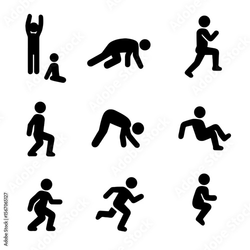 Bodyweight Exercise Icons. Solid, filled icon set of full-body bodyweight moves: burpee, bear crawl, jumping lunge, squat jump,