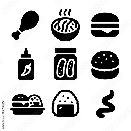 American-Korean Fusion Icons. Solid, filled icons set of American-Korean fusion: fried chicken drum, kimchi