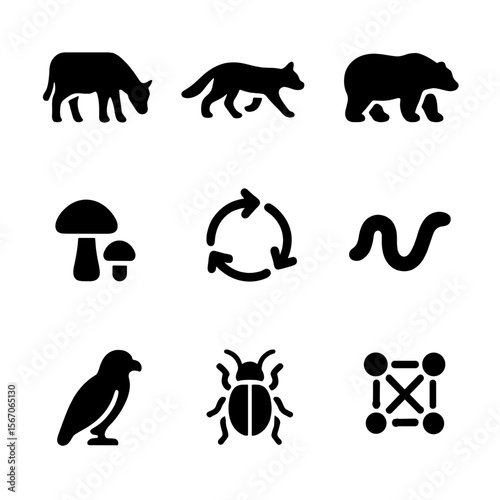 Animal Energy Roles. Solid, filled icon set of animal roles in energy flow: grazing herbivore, hunting carnivore, omnivore,