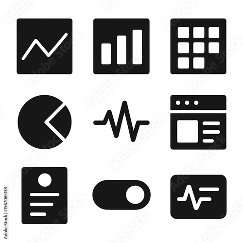 Analytics Dashboard Icons. Solid, filled icons set of visual analytics dashboards: line graph, bar chart,