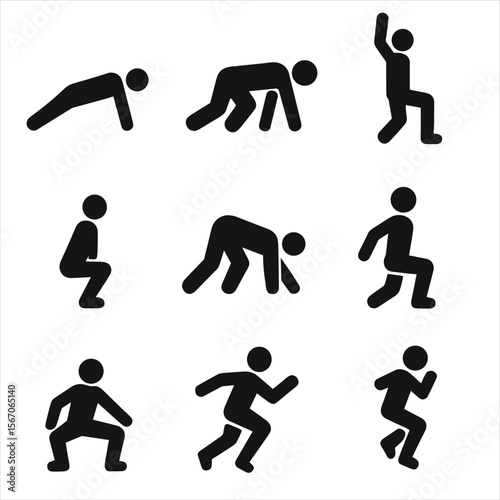 Bodyweight Exercise Icons. Solid, filled icon set of full-body bodyweight moves: burpee, bear crawl, jumping lunge, squat jump,