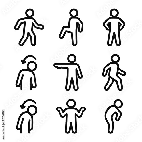 Body Motion Icons. Solid, filled icon set of body motion: arm swing, leg lift, torso twist, neck stretch, finger point, foot step,