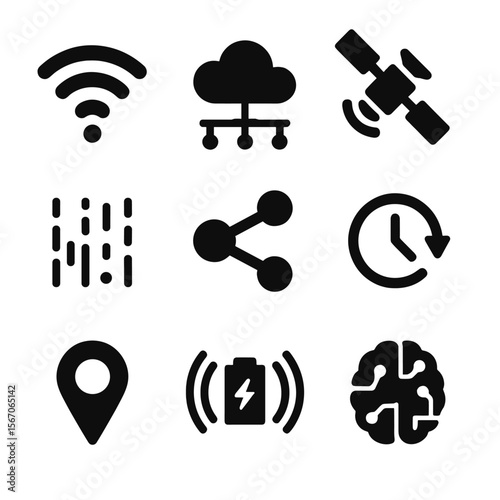 Autonomous Vehicle Icons. Solid, filled icon set of data and connectivity in autonomous vehicles: Wi-Fi signal, cloud server, GPS