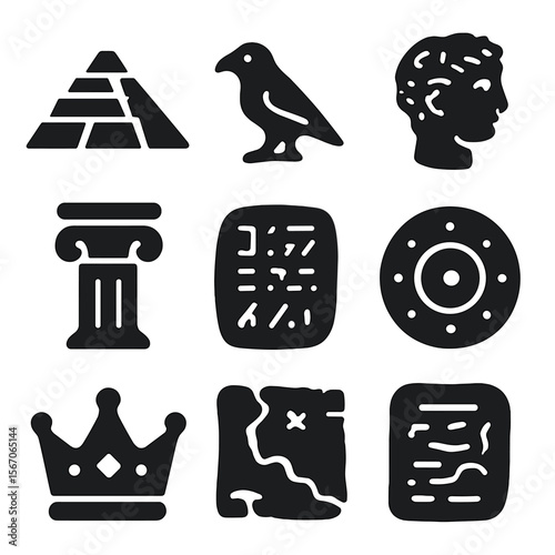 Ancient Civilizations Icons. Solid, filled icons set of ancient civilizations: pyramid, hieroglyph, sculpture