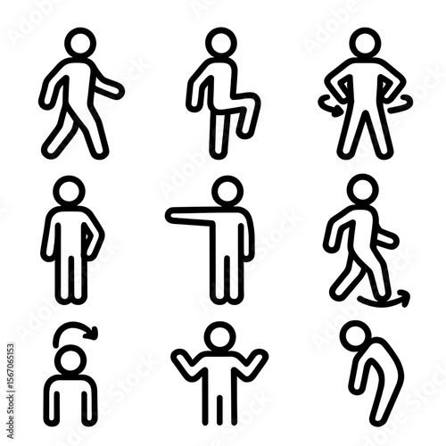 Body Motion Icons. Solid, filled icon set of body motion: arm swing, leg lift, torso twist, neck stretch, finger point, foot step,