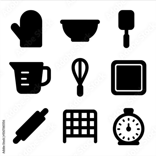 Baking Tools Icons. Solid, filled icon set of baking tools: oven mitt, mixing bowl, spatula, measuring cup, whisk, baking sheet,