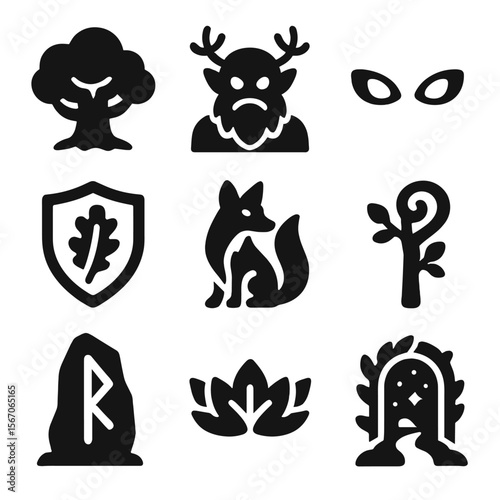 Ancient Forest Guardians Icons. Solid, filled icons set of ancient forest guardians: oak tree, forest spirit,