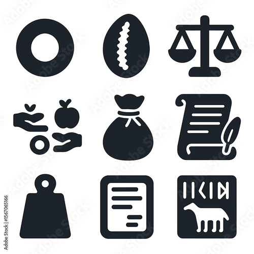 Ancient Currency Icons Grid. Solid, filled icons set of ancient currency systems: metal coin, cowrie shell,