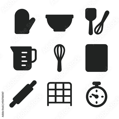 Baking Tools Icons. Solid, filled icon set of baking tools: oven mitt, mixing bowl, spatula, measuring cup, whisk, baking sheet,