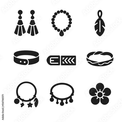 Boho Accessories Icons. Solid, filled icon set of Boho decorative accessories: tassel earrings, beaded necklace, feather pendant,