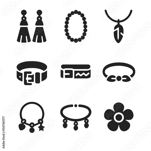 Boho Accessories Icons. Solid, filled icon set of Boho decorative accessories: tassel earrings, beaded necklace, feather pendant,