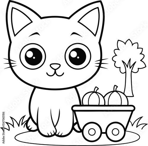 cute cat with pumpkin wagon  add grass and a tree .eps