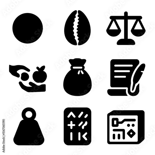Ancient Currency Icons Grid. Solid, filled icons set of ancient currency systems: metal coin, cowrie shell,