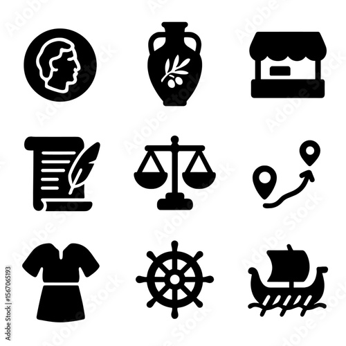 Ancient Greek Commerce Icons. Solid, filled icons set of ancient Greek commerce: drachma coin, olive oil